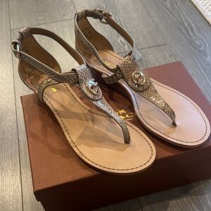 Coach Snake-Embossed Tan T-Strap Sandals with Gold Logo